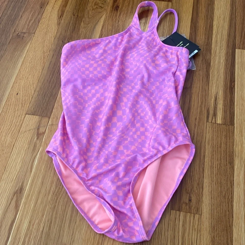 NWT Art Class Girls Pink and Purple Checkered One Piece Swimsuit Size XL